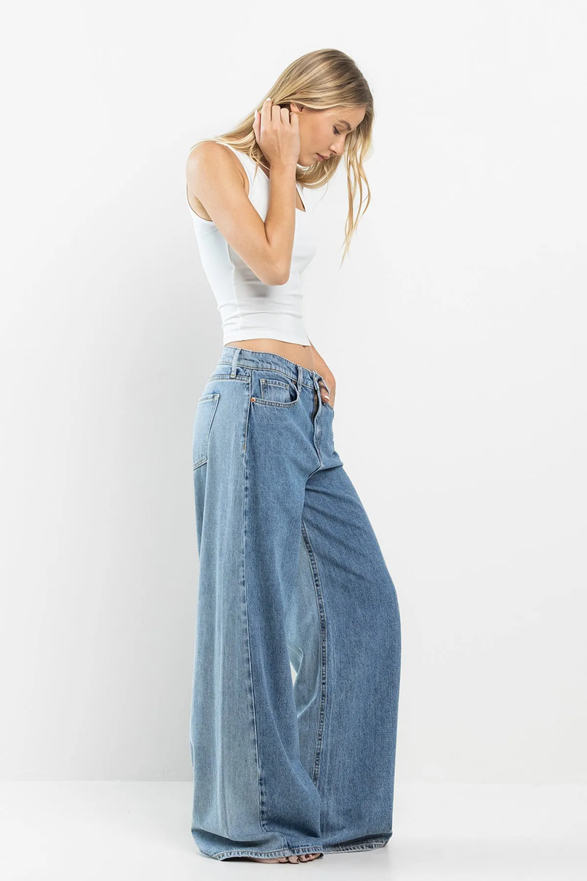 HIGH RISE MEDIUM TWO TONE WIDE LEG JEANS / SP-P12617