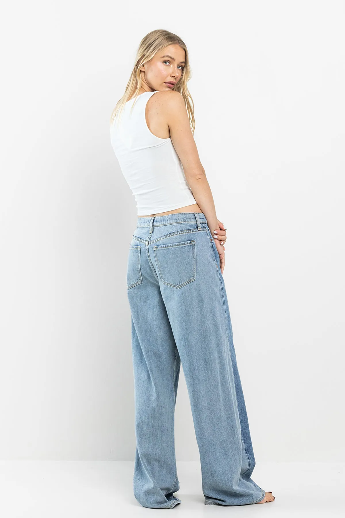 HIGH RISE MEDIUM TWO TONE WIDE LEG JEANS / SP-P12617