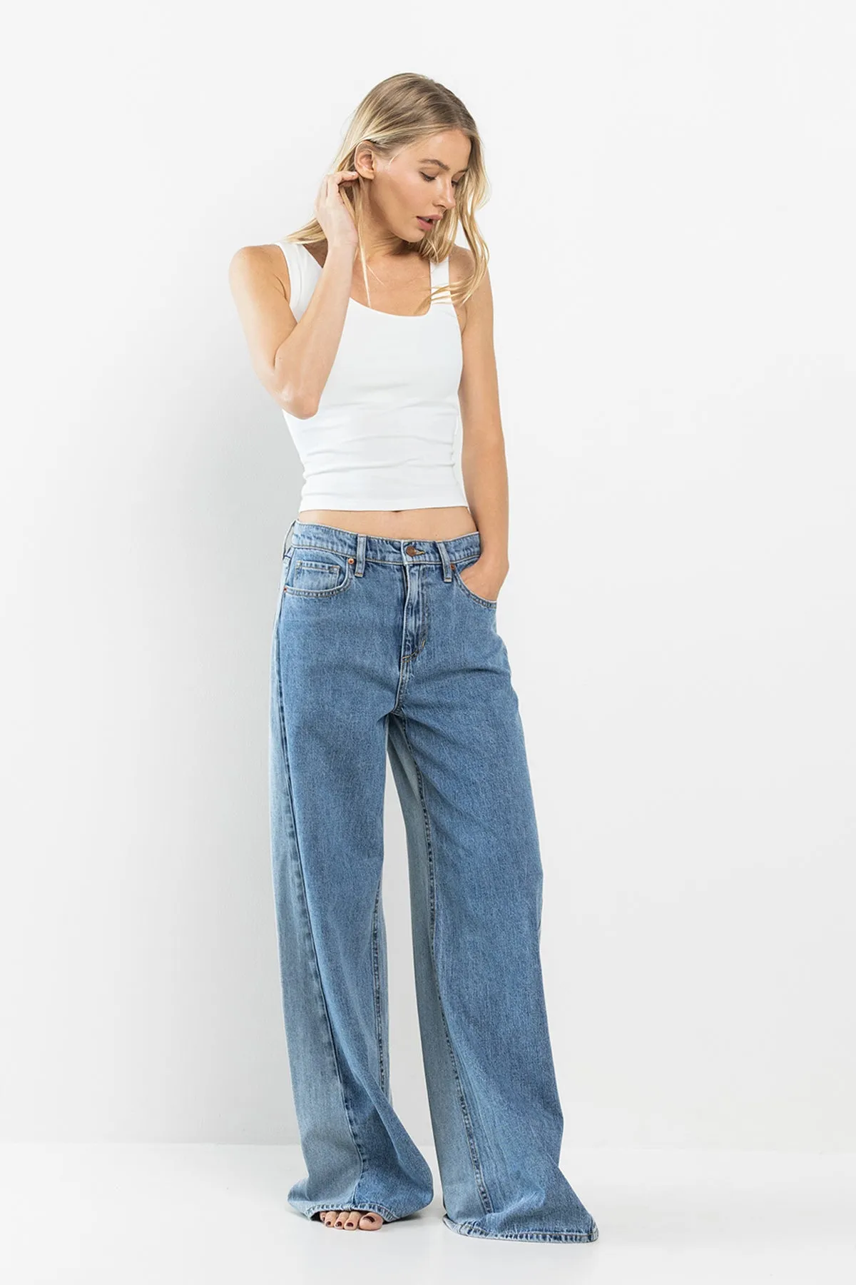 HIGH RISE MEDIUM TWO TONE WIDE LEG JEANS / SP-P12617