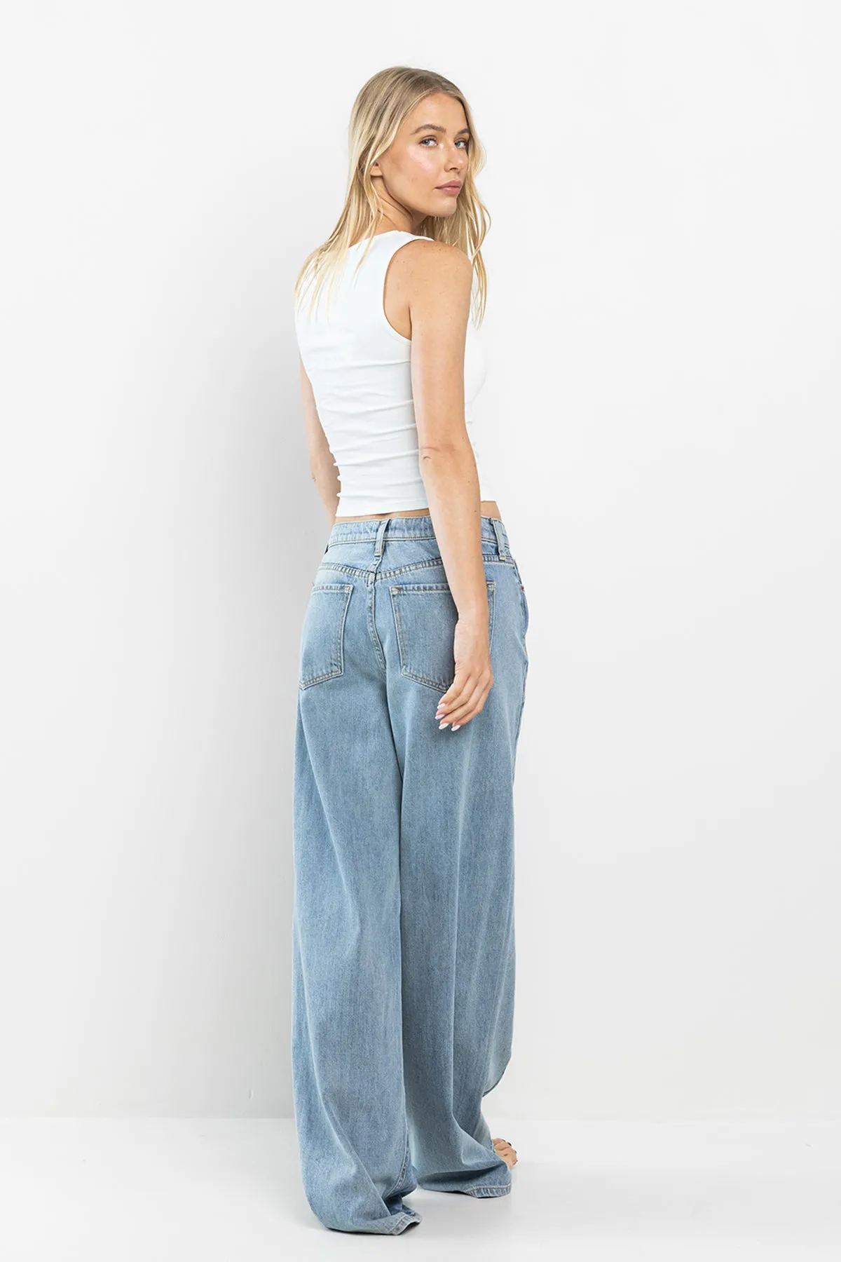 HIGH RISE MEDIUM TWO TONE WIDE LEG JEANS / SP-P12617