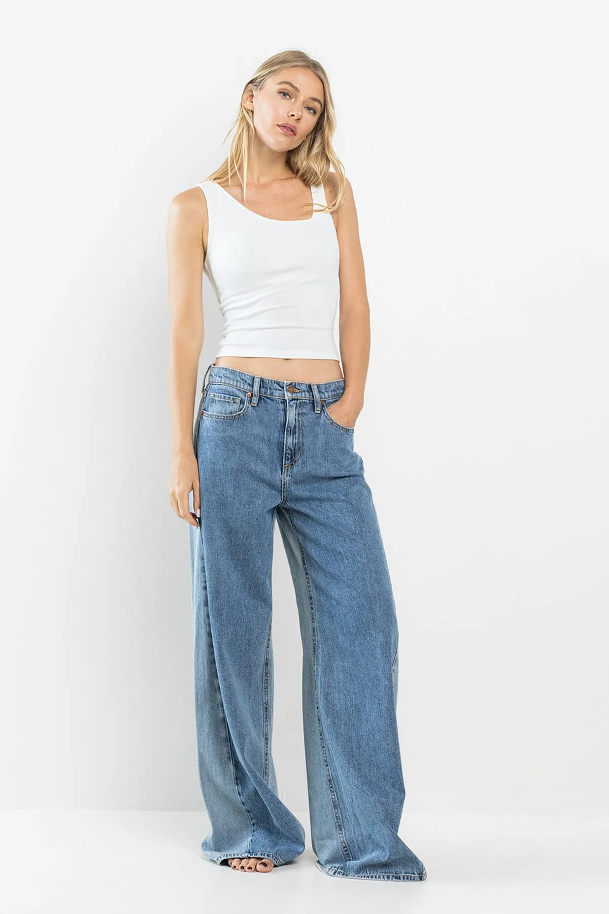 HIGH RISE MEDIUM TWO TONE WIDE LEG JEANS / SP-P12617