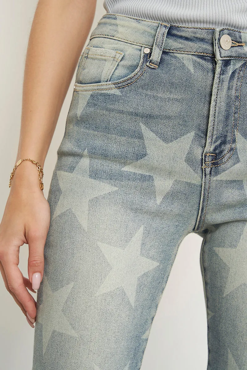 High Rise Star Printed Girlfriend Jeans