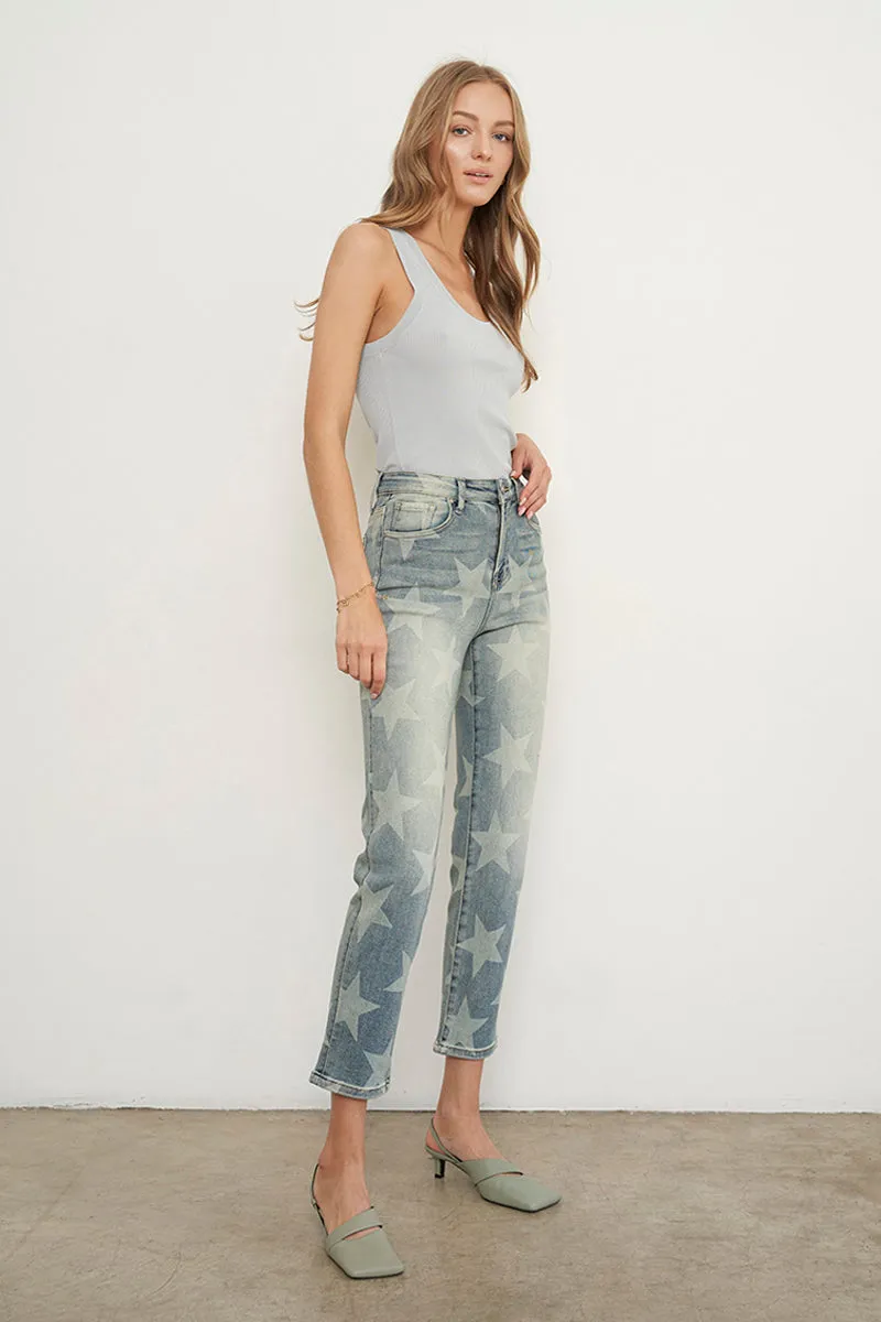 High Rise Star Printed Girlfriend Jeans