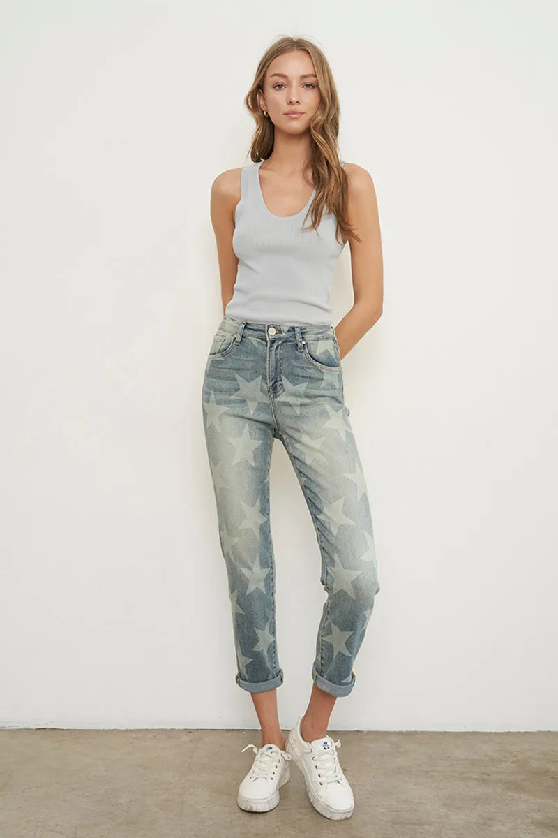 High Rise Star Printed Girlfriend Jeans