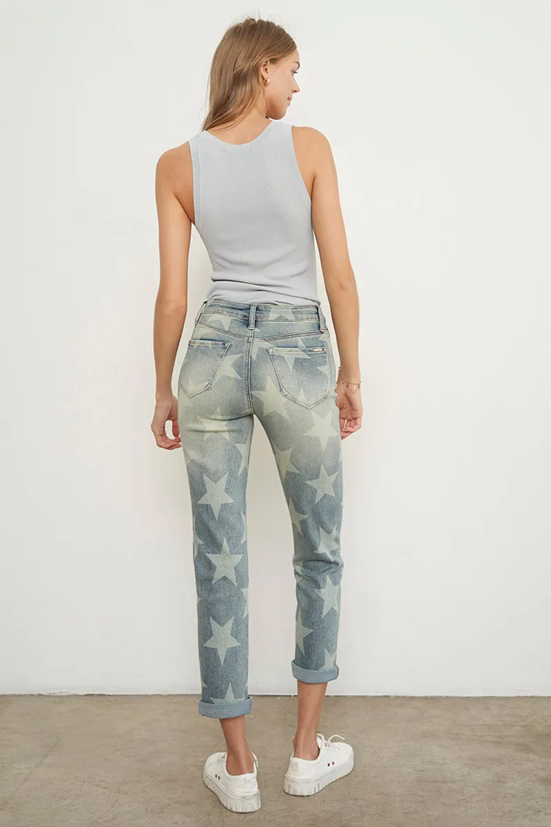 High Rise Star Printed Girlfriend Jeans