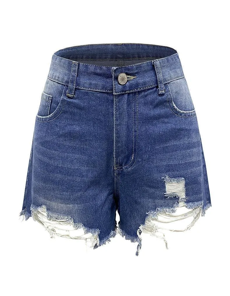 High Waist Distressed Washed Denim Shorts SKS58033