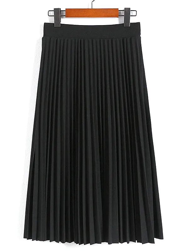 High Waist Pleated Solid Color Half Length Elastic Skirt