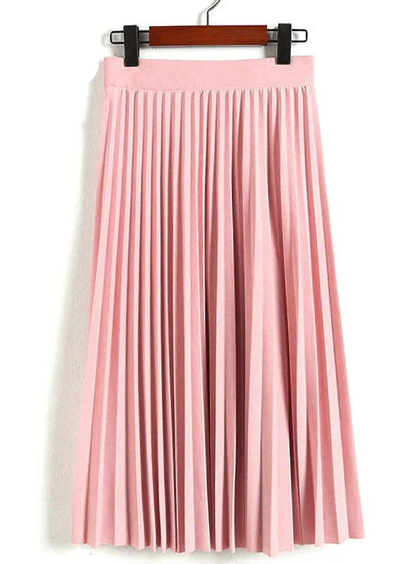 High Waist Pleated Solid Color Half Length Elastic Skirt