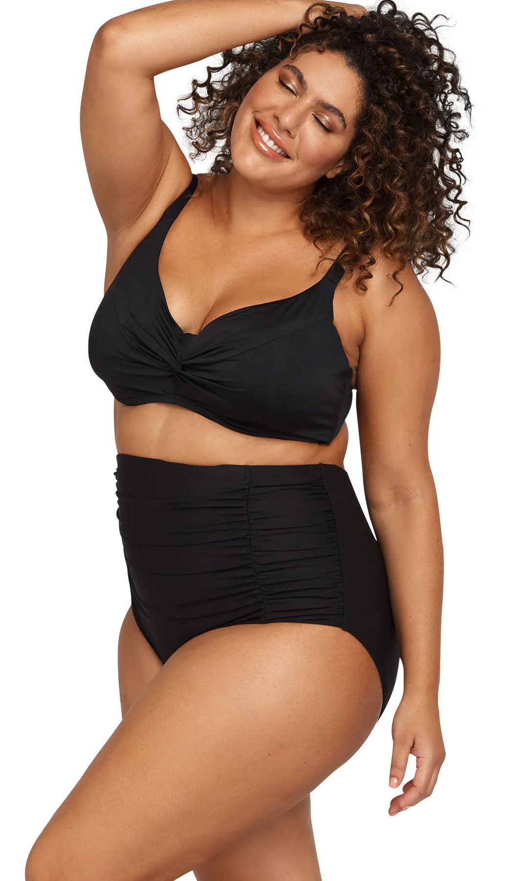 High Waist Ruched Bikini Pant Hues Black Raphael