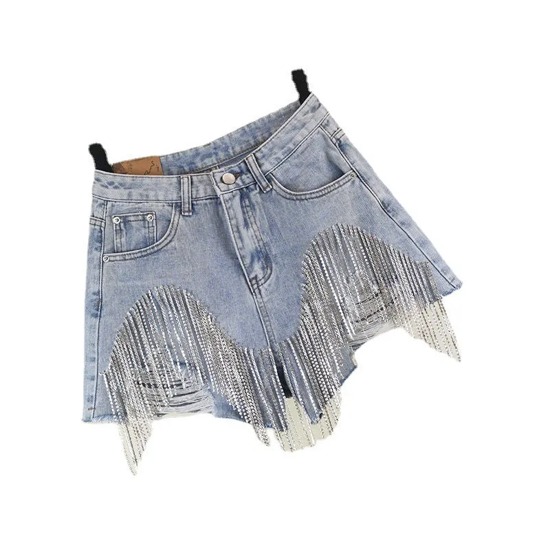 High Waist Tassel Chain Jeans Shorts