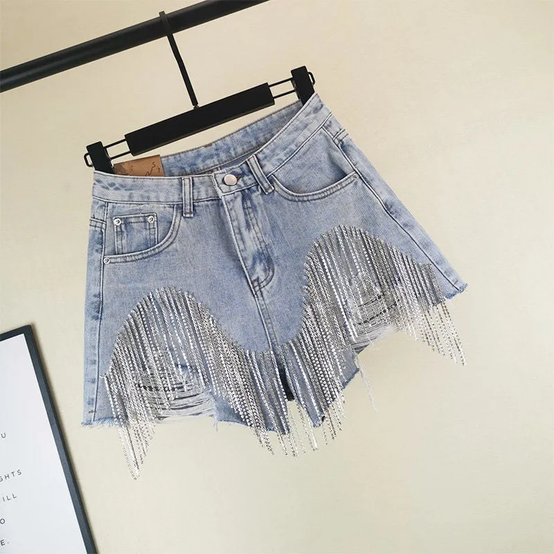 High Waist Tassel Chain Jeans Shorts