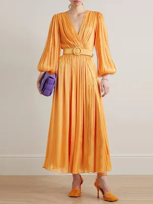 High Waisted Long Sleeves Belted Pleated Solid Color V-Neck Maxi Dresses