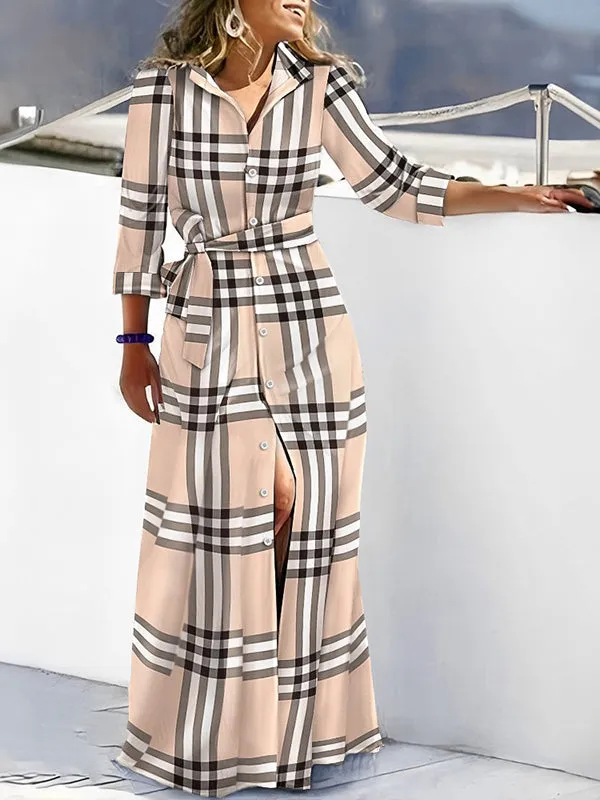 High Waisted Long Sleeves Buttoned Plaid Tied Waist V-Neck Maxi Dresses Shirt Dress