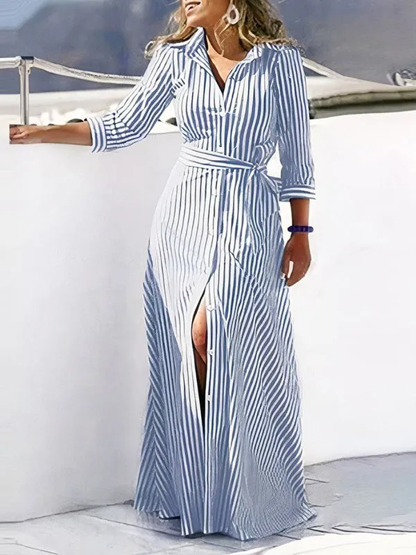 High Waisted Long Sleeves Buttoned Striped Tied Waist V-Neck Maxi Dresses Shirt Dress