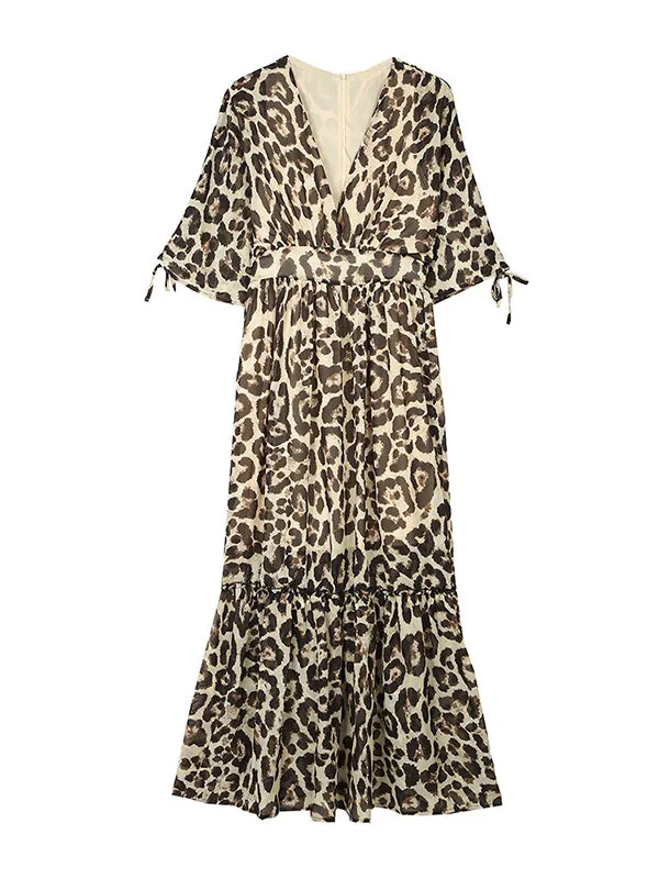 High Waisted Loose Leopard Split-Joint Deep V-Neck Maxi Dresses