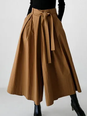 High Waisted Loose Pleated Solid Color Tied Waist Wide Leg Pants Trousers