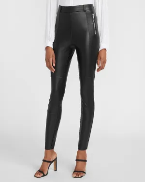 High Waisted Vegan Leather Zip Front Leggings in Pitch Black