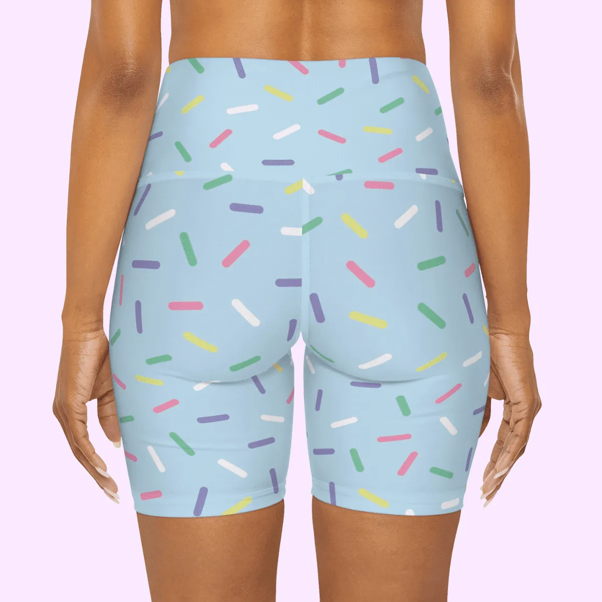 High Waisted Yoga Shorts Blue With Rainbow Sprinkles