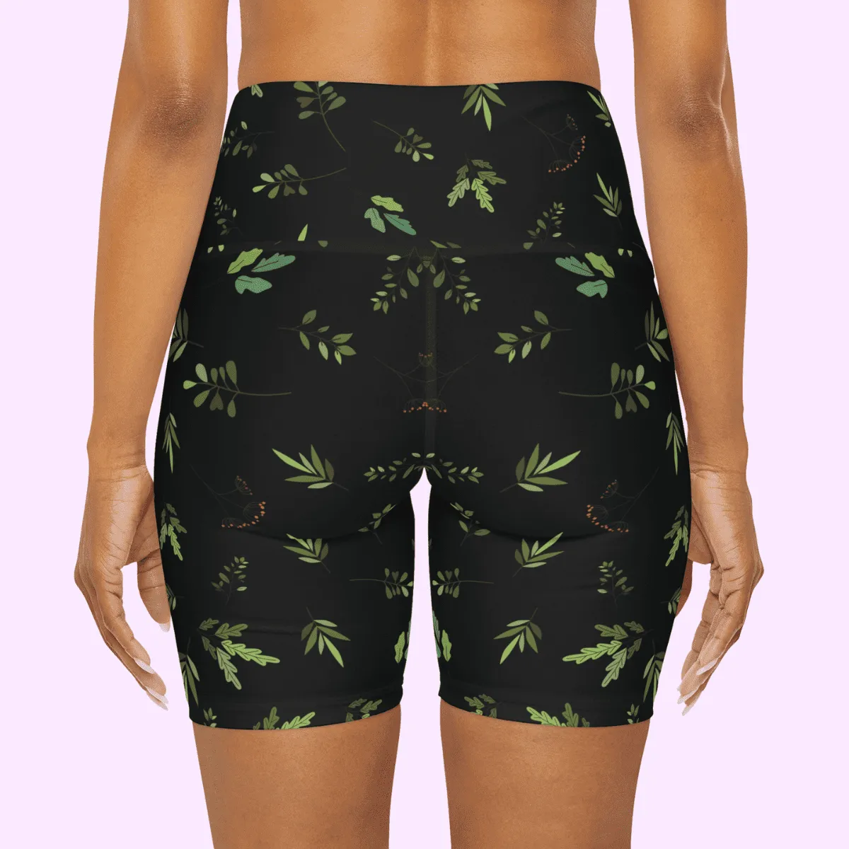 High Waisted Yoga Shorts Green Leaves