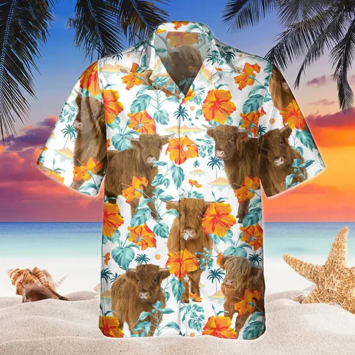 Highland Bright Hibiscus Flowers Hawaiian Shirt, Cow Hawaii shirts men, Flowers Aloha Shirt For cow Lovers