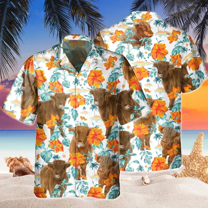 Highland Bright Hibiscus Flowers Hawaiian Shirt, Cow Hawaii shirts men, Flowers Aloha Shirt For cow Lovers