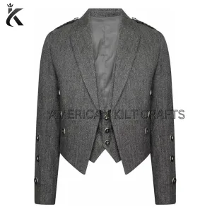 Highland Men Traditional Scottish Gray Tweed Prince Charlie Jacket with Vest