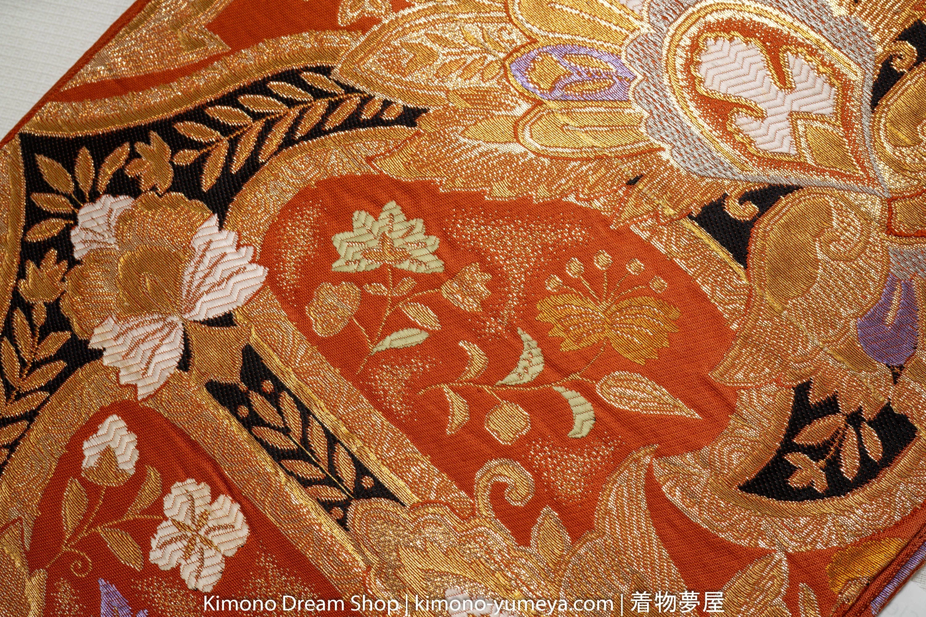 Highly Detailed Embroidered Fukuro Obi - Gold Orange Black - Floral Geometric Artistic Majestic