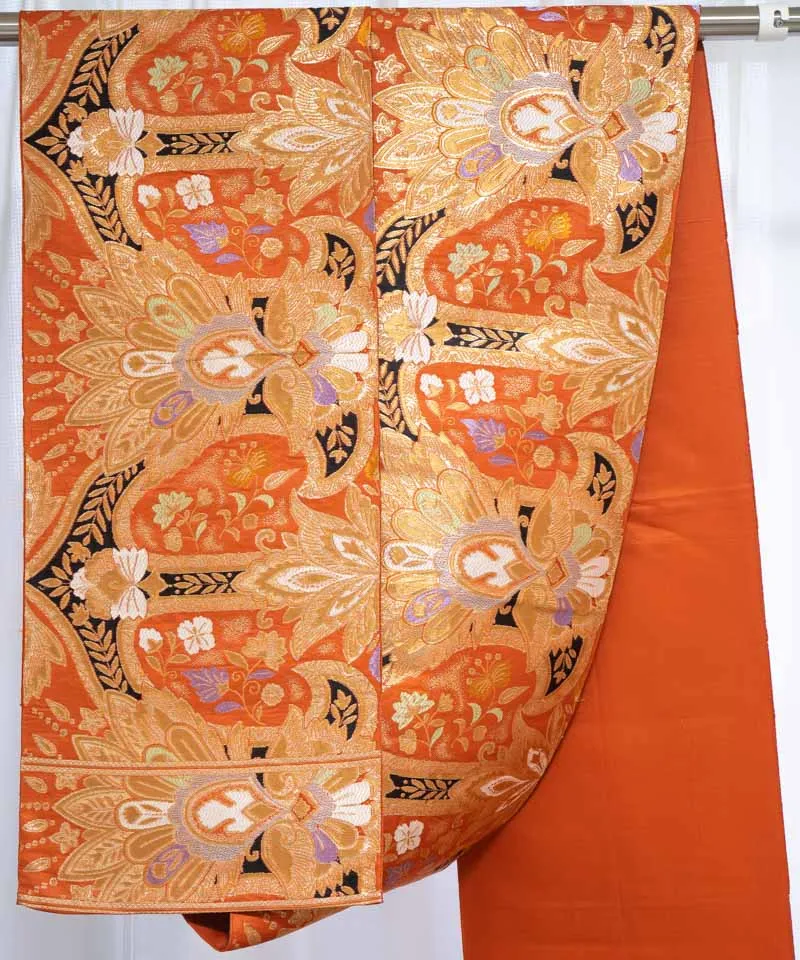 Highly Detailed Embroidered Fukuro Obi - Gold Orange Black - Floral Geometric Artistic Majestic