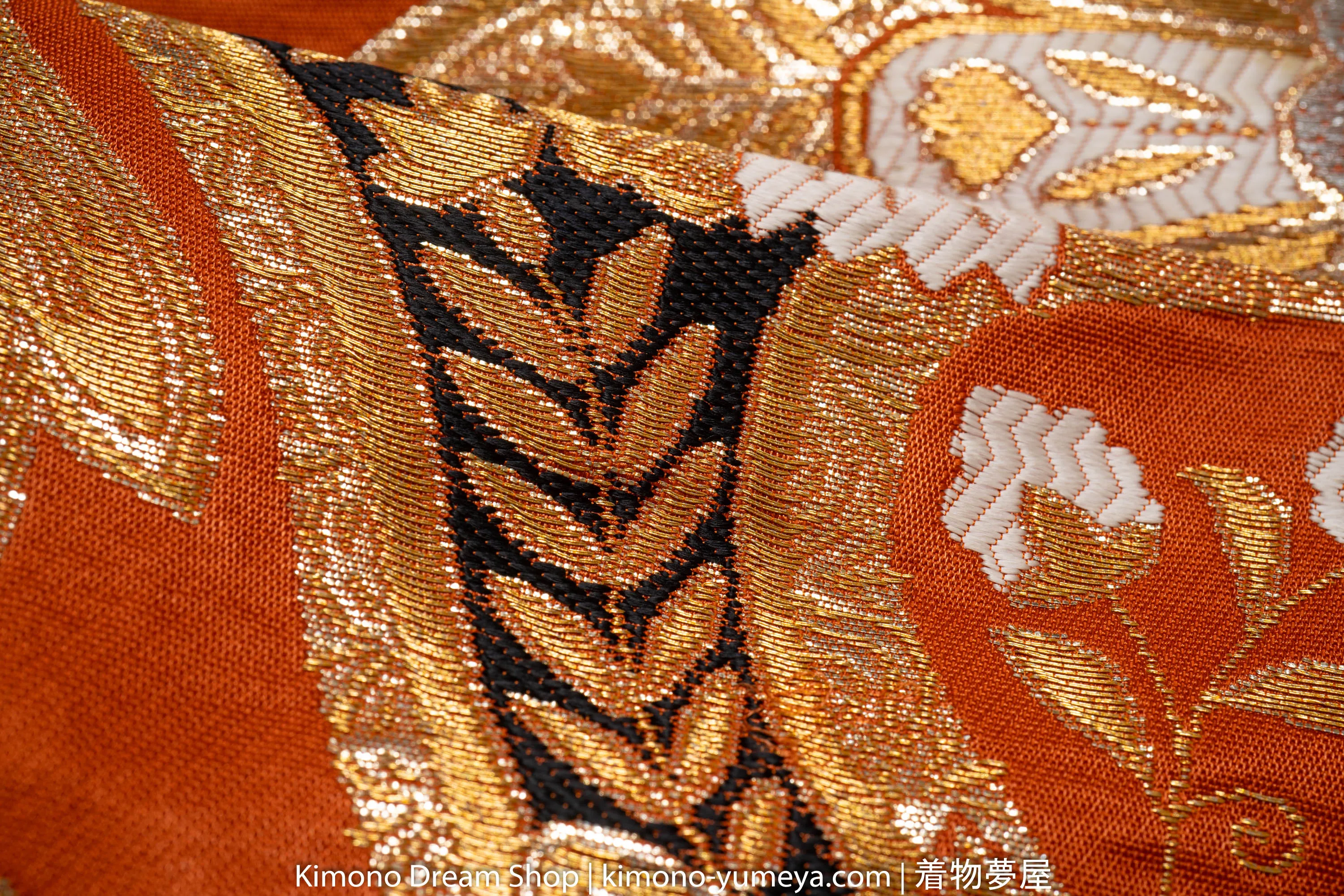 Highly Detailed Embroidered Fukuro Obi - Gold Orange Black - Floral Geometric Artistic Majestic