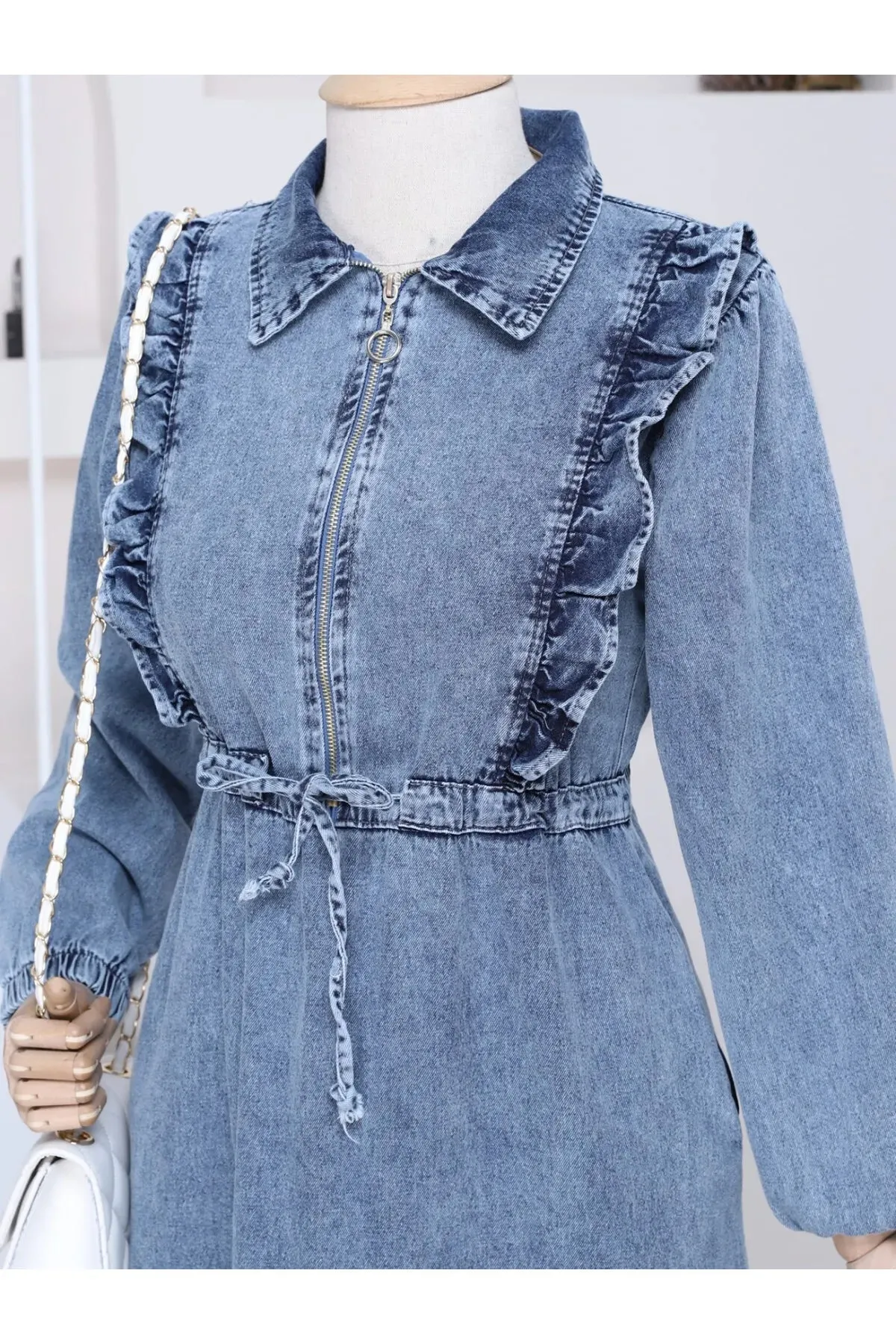 Hijabaya Women's Denim Dress with Ruffles At The Waist Hijabs