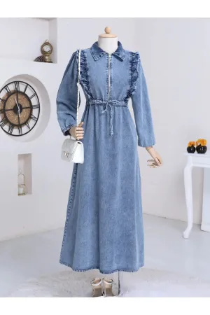 Hijabaya Women's Denim Dress with Ruffles At The Waist Hijabs