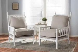 Hillary Beige Fabric Upholstered and White Finish Wood Spindle-Back 2 PCS-Living Room Accent Chair