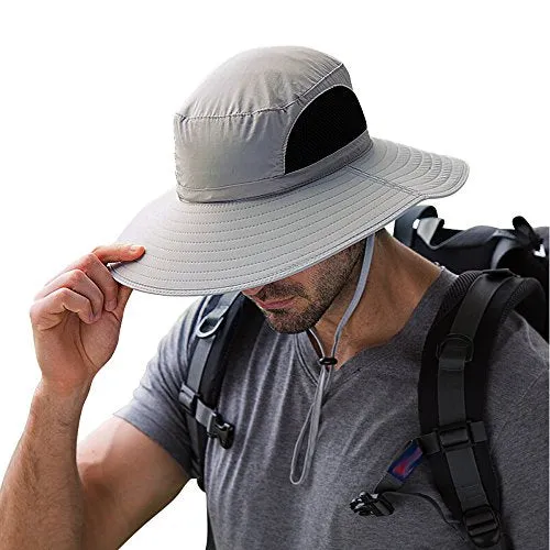 Hippih Waterproof Sun Hat Outdoor UV Protection Bucket Mesh boonie Hat Adjustable Fishing Cap (Grey)