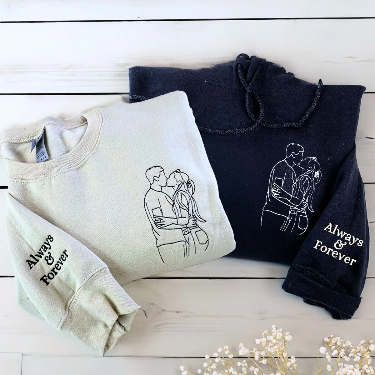 His & Hers Twin Pack: Embroidered Crewneck Sweatshirt & Hoodie