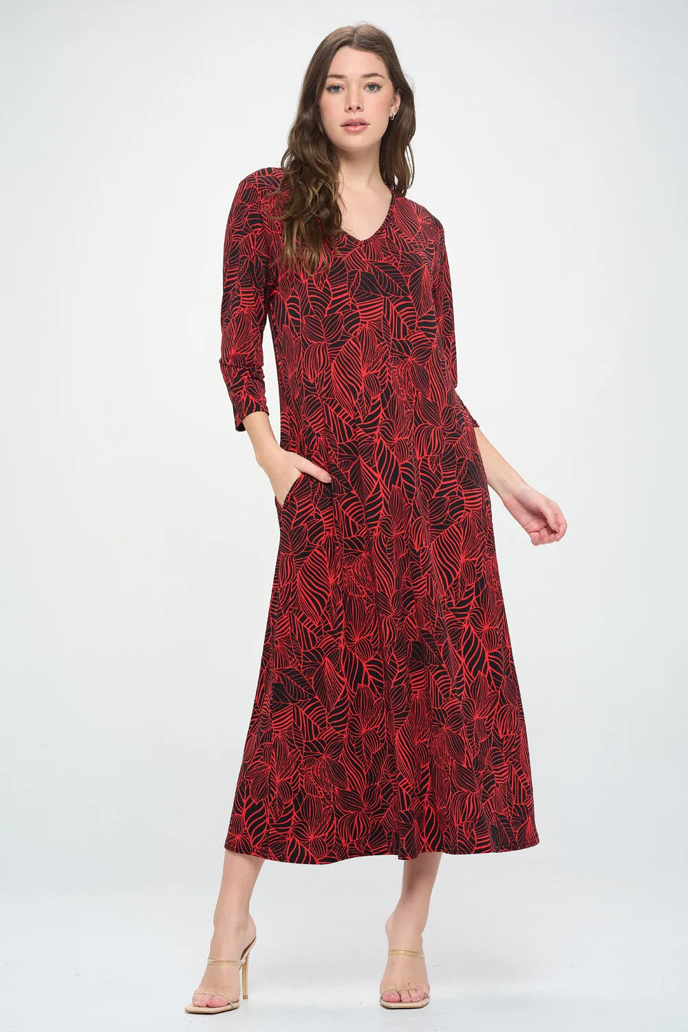 HIT V-Neck Long Dress W/Pocket-7085HT-QRP1-K-W344