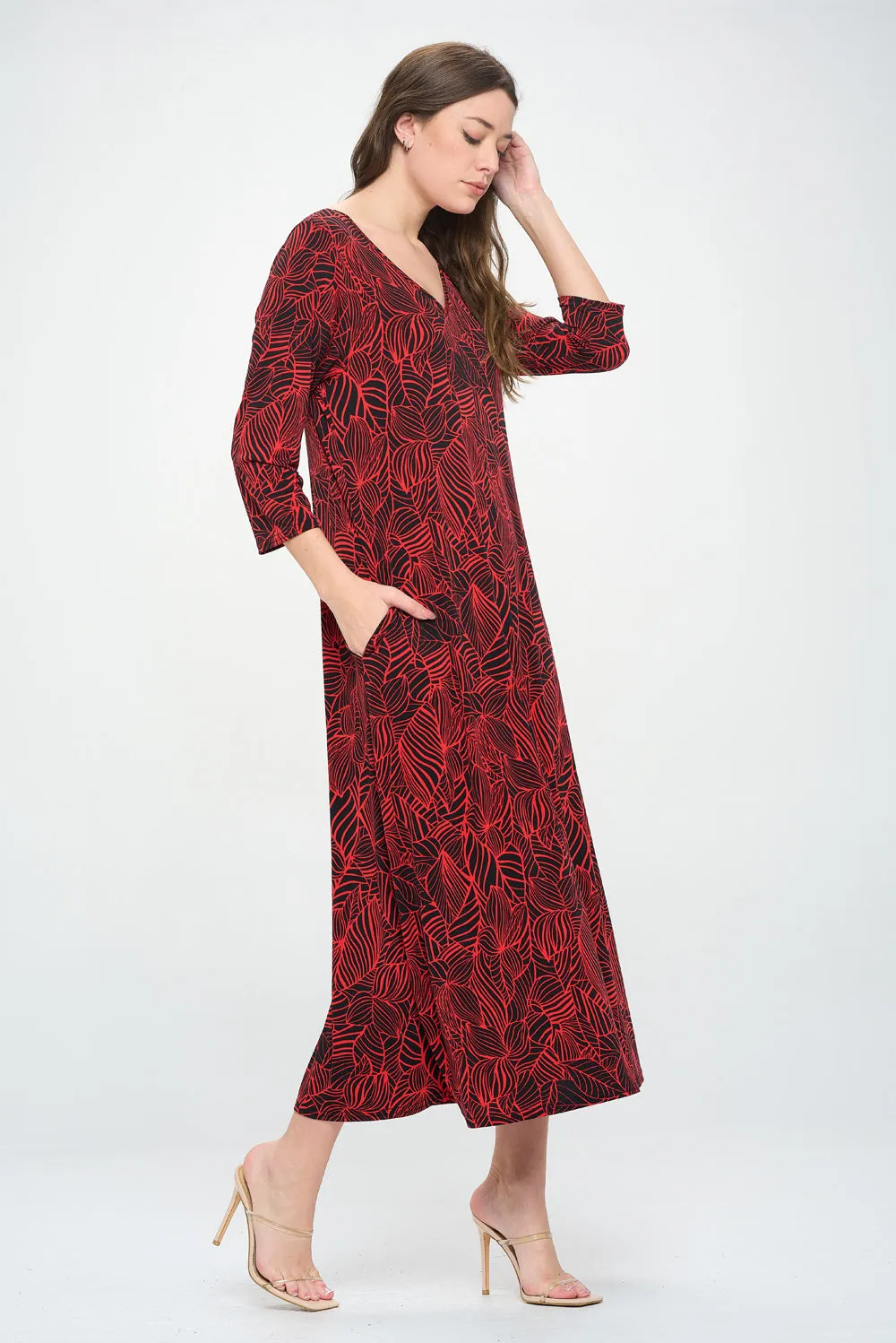 HIT V-Neck Long Dress W/Pocket-7085HT-QRP1-K-W344