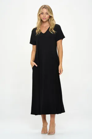 HIT V-Neck Long Dress W/Pocket-7085HT-SRS1-K