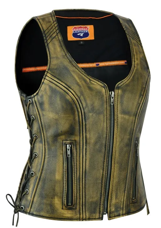 HL14531BEIGE Women's Distressed Brown ‘Open Neck’ Motorcycle Leather Vest with Side Laces