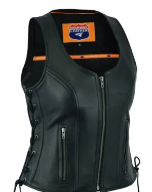 HL14531BLACK Women's Black ‘Open Neck’ Motorcycle Leather Vest with Side Laces