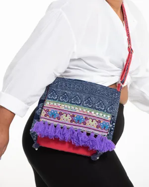 Hmong Indigo Batik and Embroidered Crossbody Sling Bag with Purple Tassels