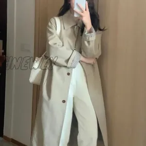 Hnewly Autumn Women Khaki Trench England Style Elegant Single Breasted Long Coats Belt Slim Turn Down Collar Windbreaker Female