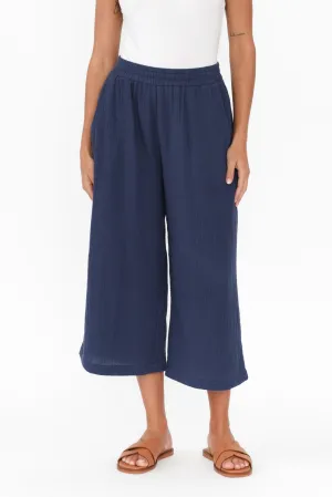 Hobart Navy Cotton Cheesecloth Cropped Pants