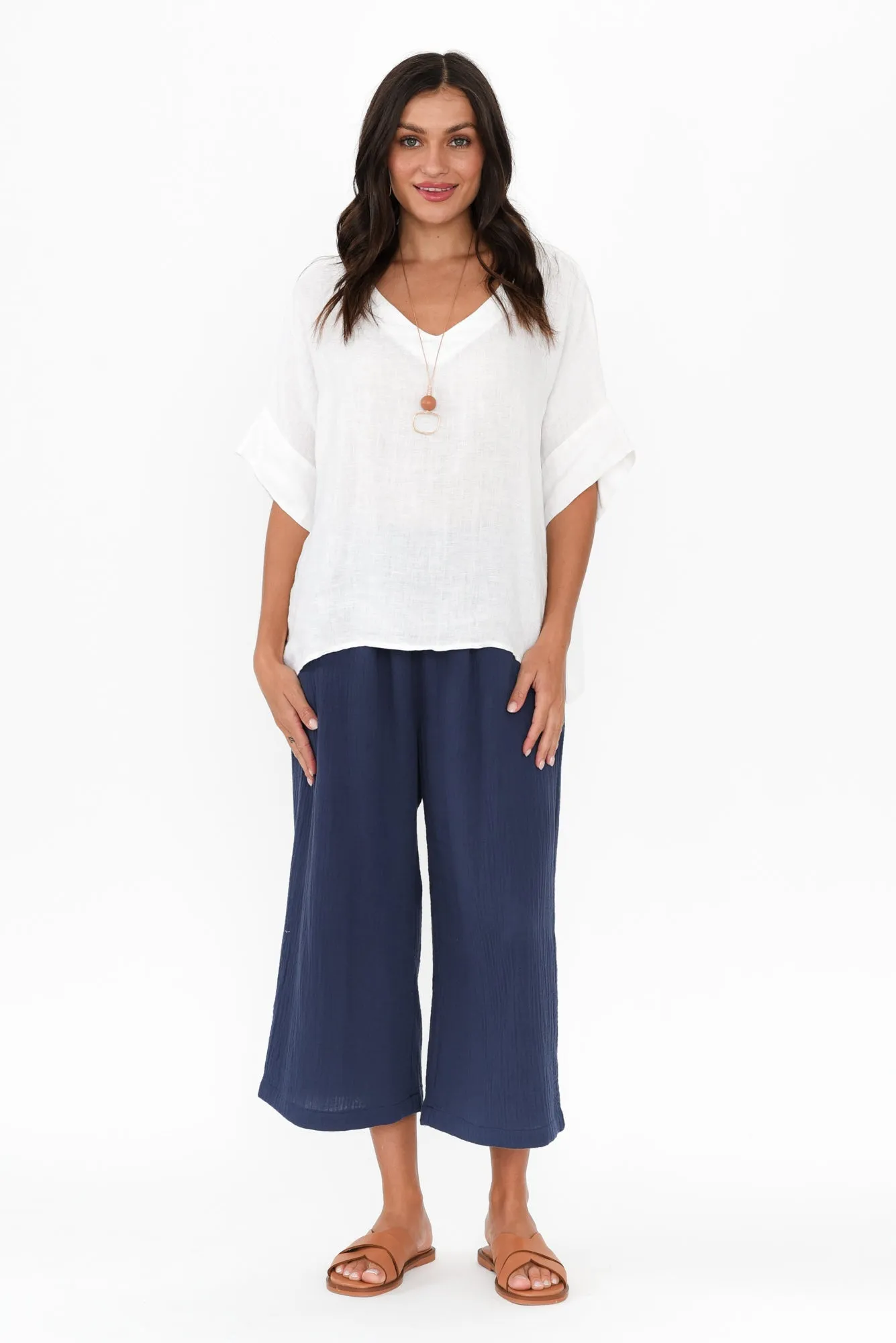 Hobart Navy Cotton Cheesecloth Cropped Pants