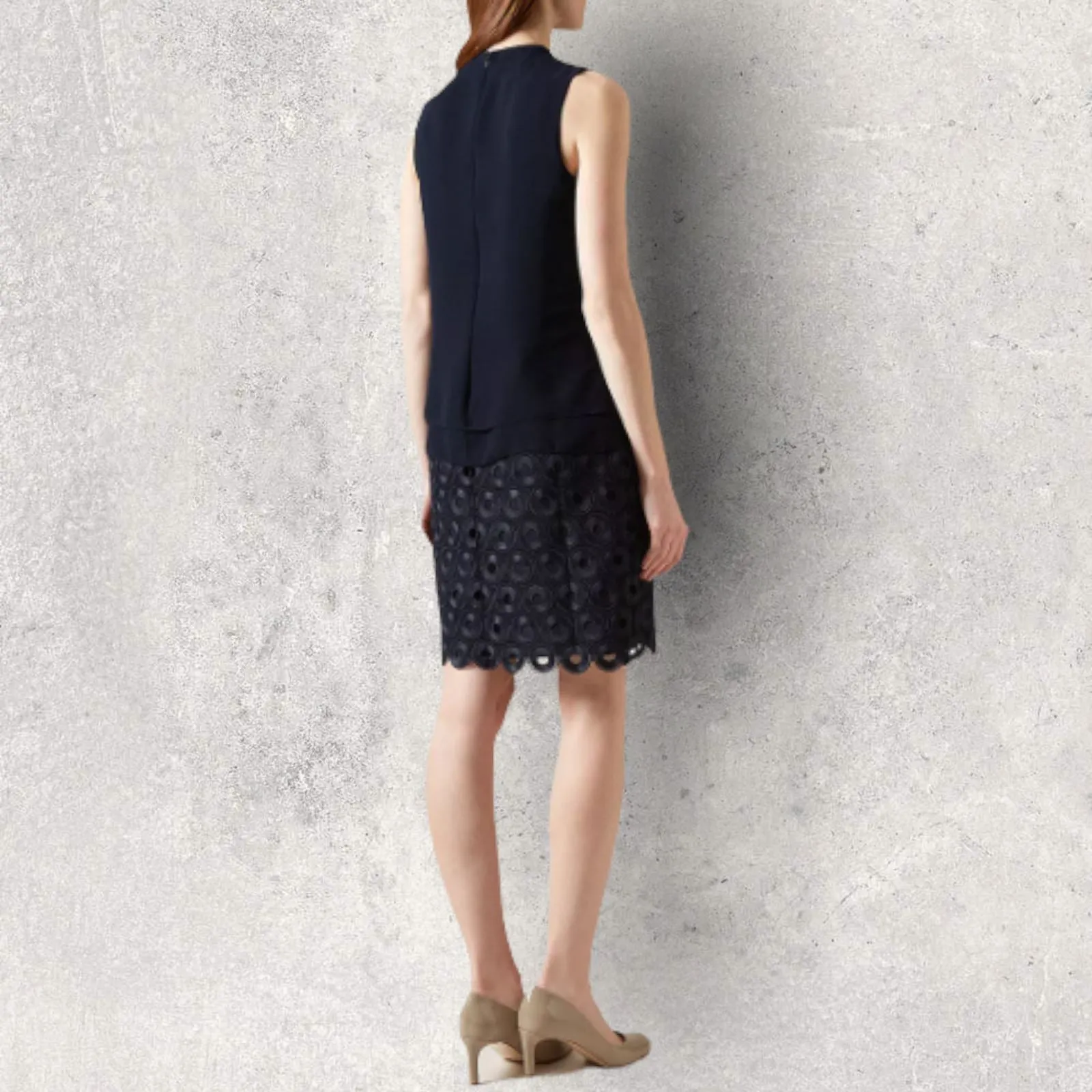 Hobbs Sylvia Navy  Sleeveless, Chiffon Overlay Dress UK 10 US 6 EU 38