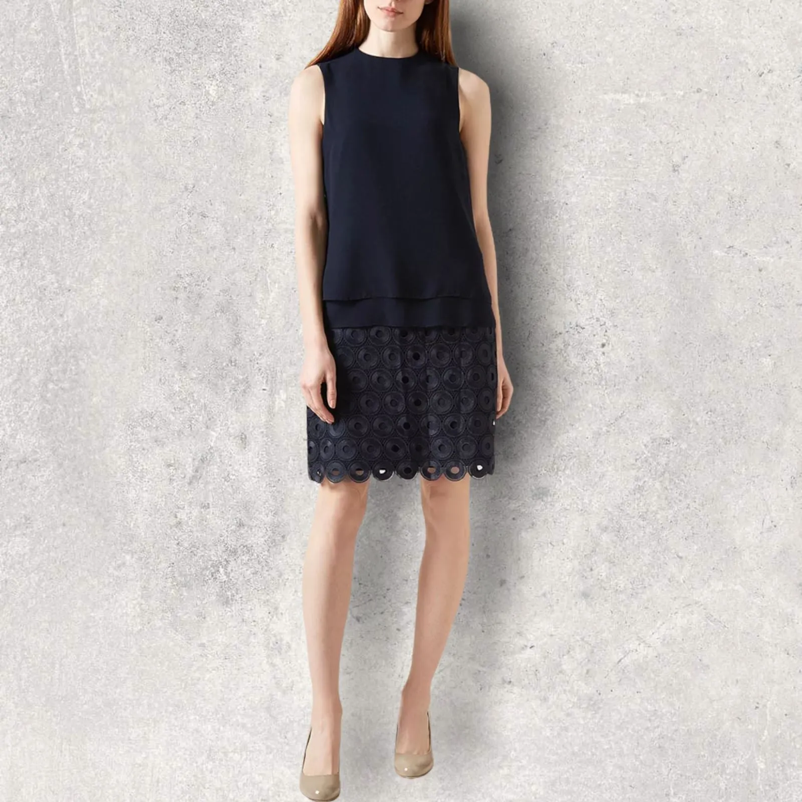 Hobbs Sylvia Navy  Sleeveless, Chiffon Overlay Dress UK 10 US 6 EU 38