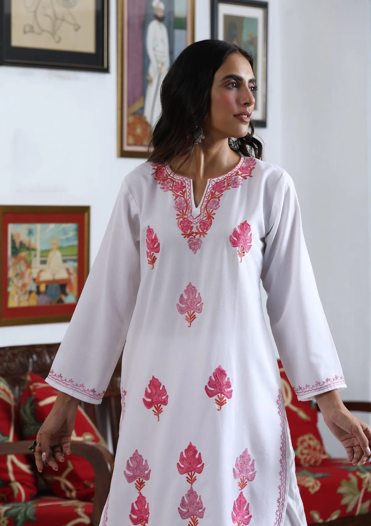 HOC Crafts Aari Embroidered Cotton Solid Women's Long Kurta - White