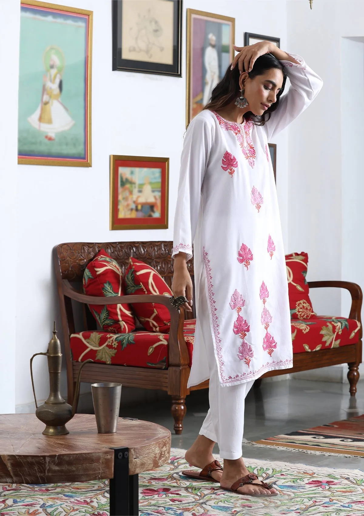 HOC Crafts Aari Embroidered Cotton Solid Women's Long Kurta - White