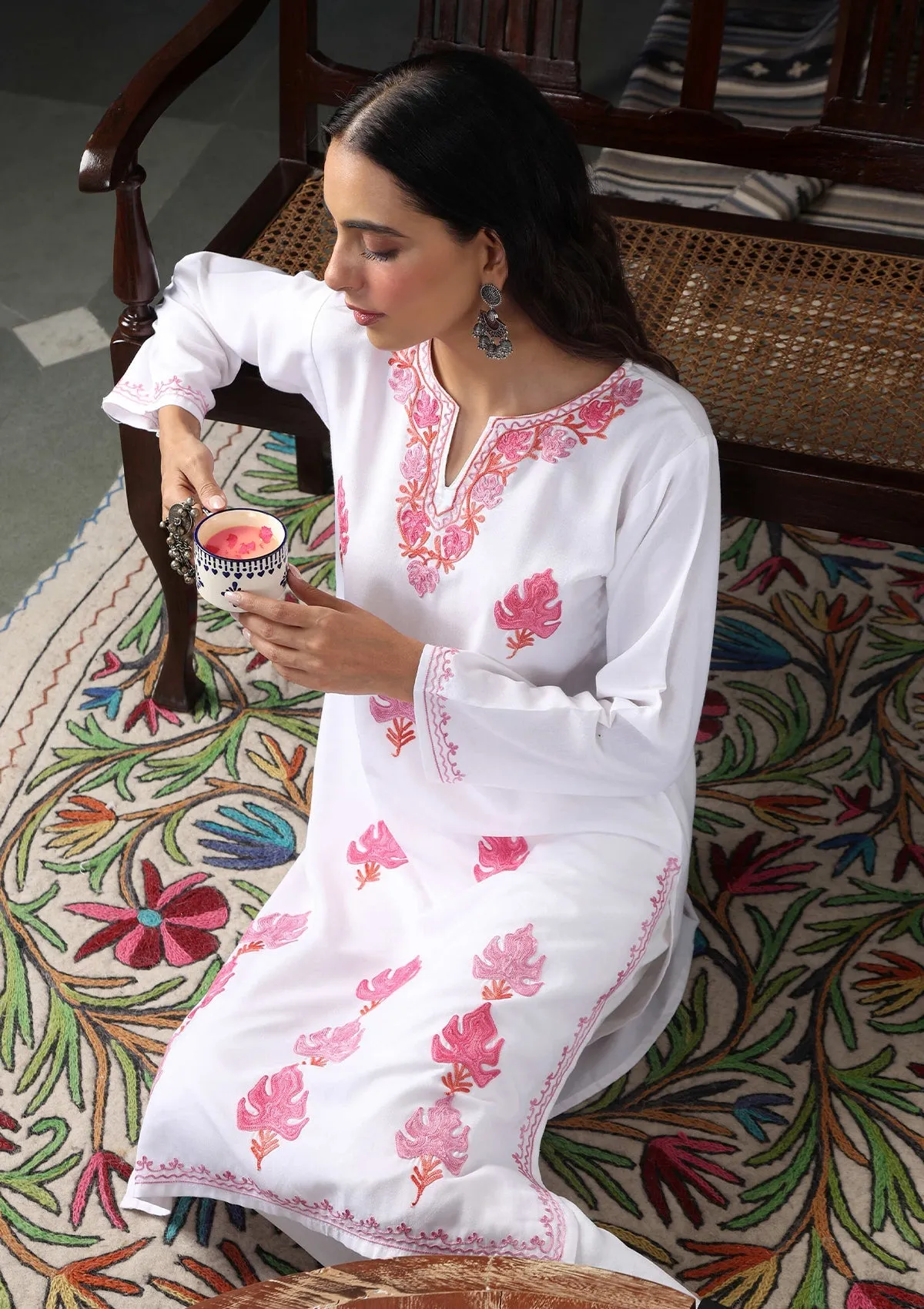 HOC Crafts Aari Embroidered Cotton Solid Women's Long Kurta - White