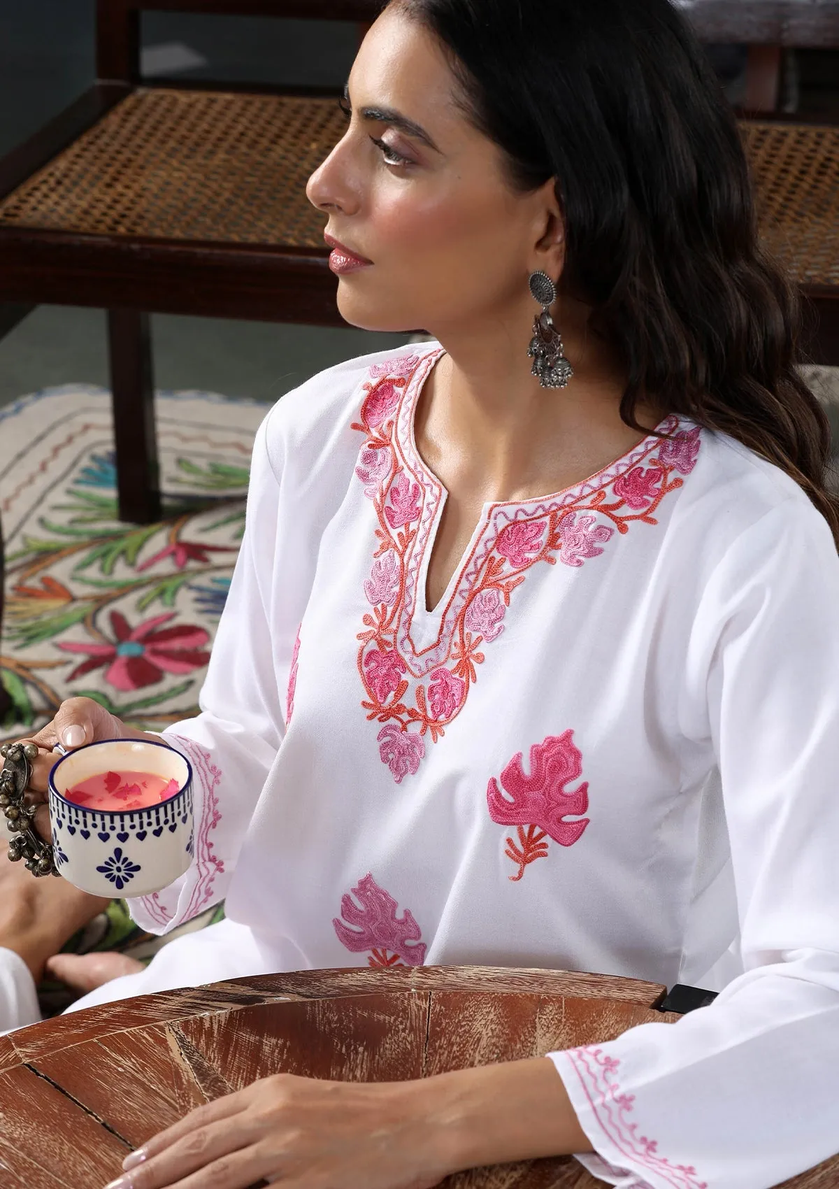 HOC Crafts Aari Embroidered Cotton Solid Women's Long Kurta - White