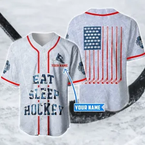 Hockey Eat Sleep Flag Personalized Baseball Jersey, American Flag Hockey Shirt